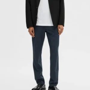 BLUE MID RISE CHECK SLIM PANTS