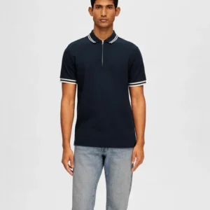 BLUE COTTON ZIPPED POLO T-SHIRT