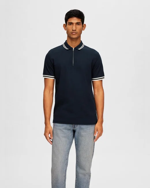 BLUE COTTON ZIPPED POLO T-SHIRT
