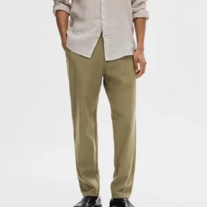 GREEN MID RISE LINEN PANTS