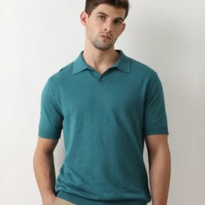 TURQUOISE LINEN POLO T-SHIRT