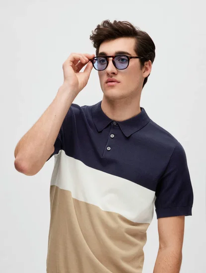 NAVY BLUE COLOURBLOCKED POLO T-SHIRT