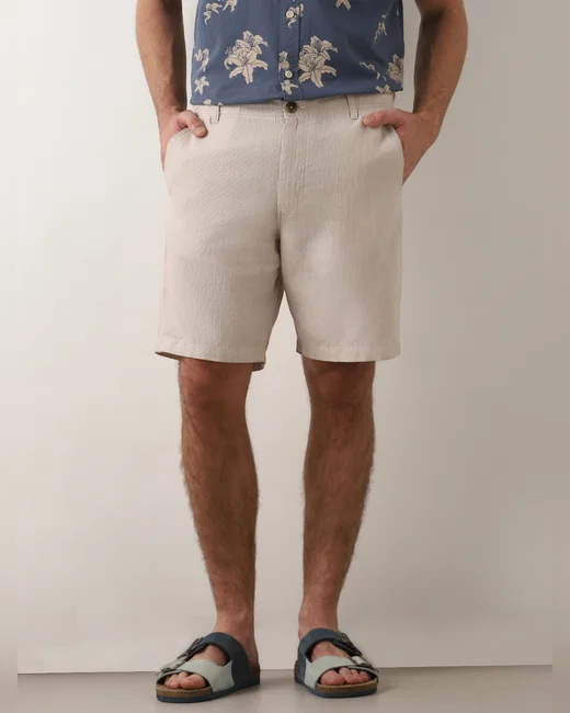 BEIGE MI RISE LINEN SHORTS