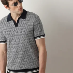 DARK BLUE PRINTED KNIT POLO T-SHIRT