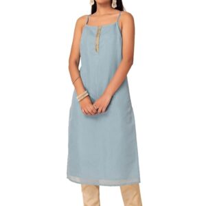 Indya Women's Cotton Regular Fit Casual Lace Detail Strappy Kurta