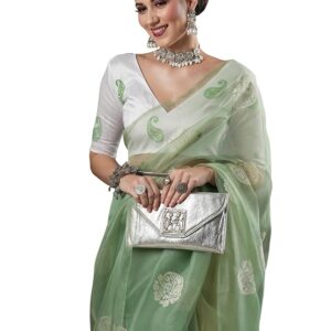 AKHILAM Women's Embroidered Work Organza Saree With Unstitched Blouse Piece